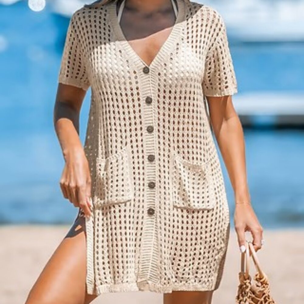 NWOT Crochet button up cream/beige cardigan. Long. V-neck. Short sleeve.